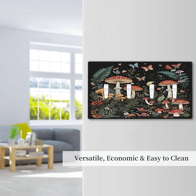 Cartoon Floral Mushroom forest Butterfly Flowers Light Switch Covers Quad Toggle 4 Gang Wall Plate Decorative Switch Plates Electrical Faceplate for Bedroom Kids Room Decor