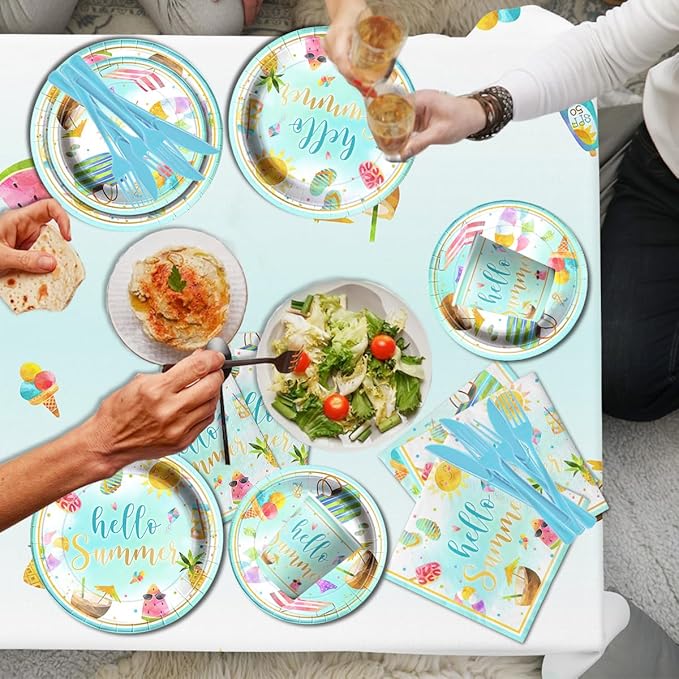 Hello Summer Party Decorations-143Pcs Beach Pool Party Paper Plates and Napkins Set Swimming Luca Themed Tableware Summer Party Supplies for Kids Birthday