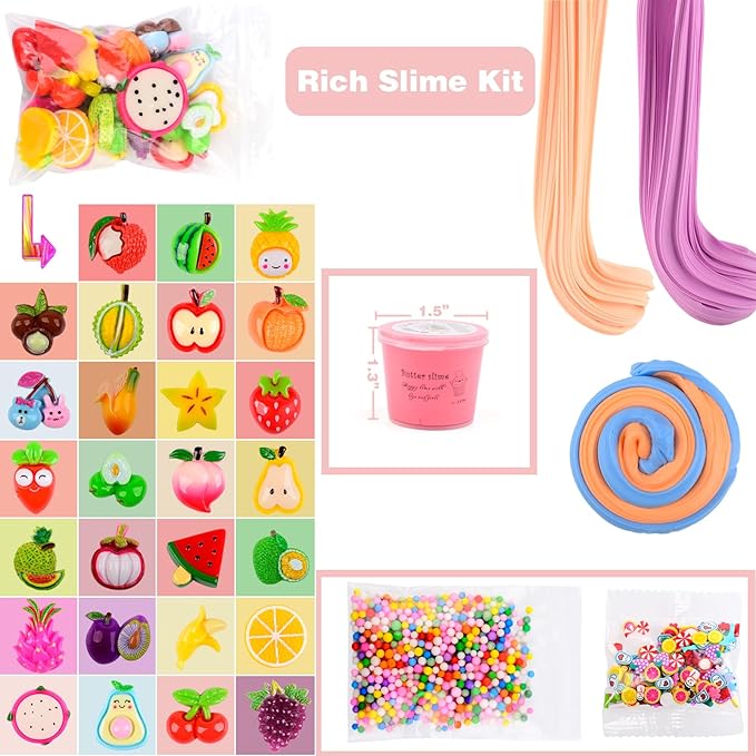 Slime Kit with 54 Pack,Valentines Mini Butter Slime, Non-Sticky and Super Soft, for Girls 10-12, Fruit Slime Party Favors Kids, Birthday Gift, DIY Putty Toy Boys