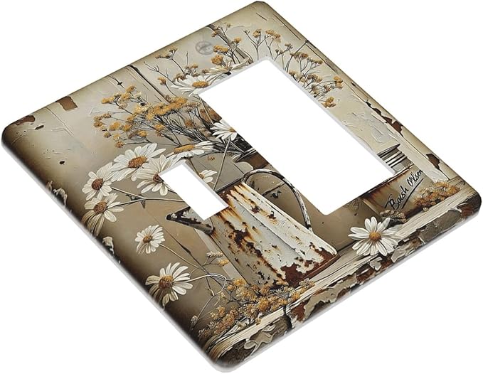 Rustic Flowers Daisy Floral White Wooden Planks Outlet Covers 1 Toggle 1 Rocker Combination Decorative Wall Plate Electrical Switch Plates Light Switch Cover Plate for Farmhouse Home Decor