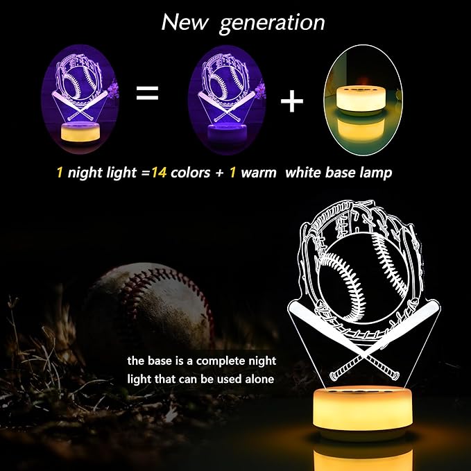Baseball Night Light for Kids, Baseball Gift for Sports Players Fans, Decor Bedside Lamp for Bedroom/Office, 5 Buttons and Remote Control 14 Colors, Timer, Dim, Independent Warm White Lamp Base