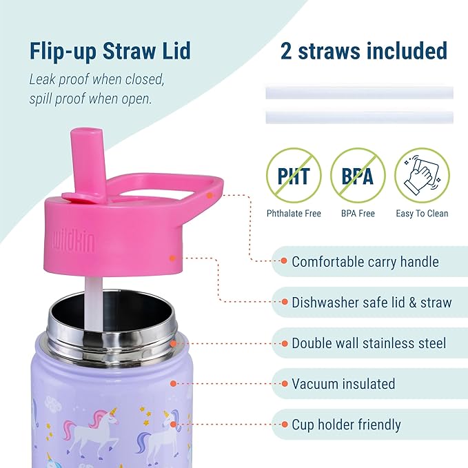 Wildkin Kids 14oz Stainless Steel Water Bottle – BPA-Free, Leakproof, Insulated, Easy-Clean - Unicorn
