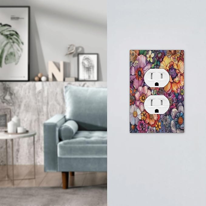 Outlet Covers Colorful Bohemian Flowers Vintage Boho Floral 1 Gang Duplex Light Switch Cover Decorative Switch Plates Electrical Receptacle Faceplate Wall Plate for Bed Room Decor
