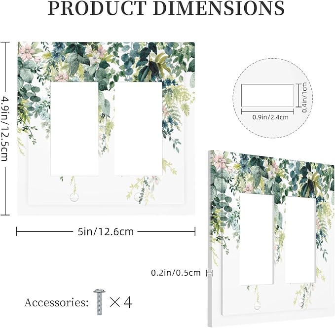 Colorful Plant Flower Sage Eucalyptus Leaves Decorative Outlet Covers 2 Gang Double GFCI Rocker Electrical Wall Panels Light Switch Cover Plate for Bedroom Living Room Decor