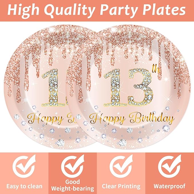 50Pcs Rose Gold 13th Birthday Party Plates and Napkins Girls Rose Gold 13th Birthday Party Decorations Happy 13th Birthday Party Tableware Set Serves 25 Guest Pink Girls 13th Birthday Party Supplies