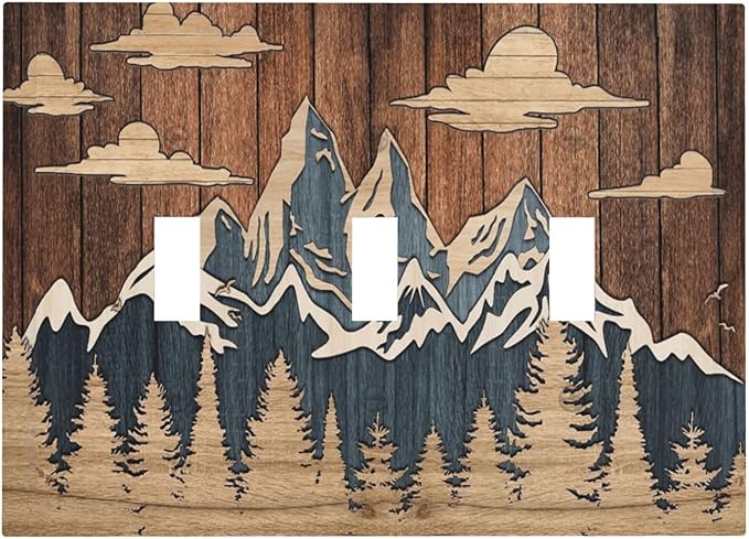 Blue Mountain Range Forest Nature Wilderness Wood Texture Decorative Switch Plates 3 Gang Wall Plate Triple Toggle Light Switch Cover Faceplate Electrical Wall Panels for Farmhouse Home Decor