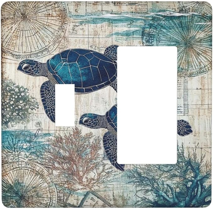 Blue Green Sea Turtle Tropical Ocean Coral Nautical Map Outlet Covers 1 Toggle 1 Rocker Combination Decorative Wall Plate Electrical Switch Plates Light Switch Cover Plate For Bed Room Bathroom Decor