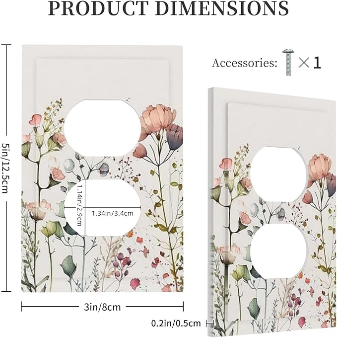 Tan/Beige/Blue Boho Wild Flower Blossom 1 Gang Duplex Outlet Covers Watercolor Colorful Floral Wildflower Decorative Single Device One Gang Electric Receptacle Face Switch Wall Plate Bedroom Decorate
