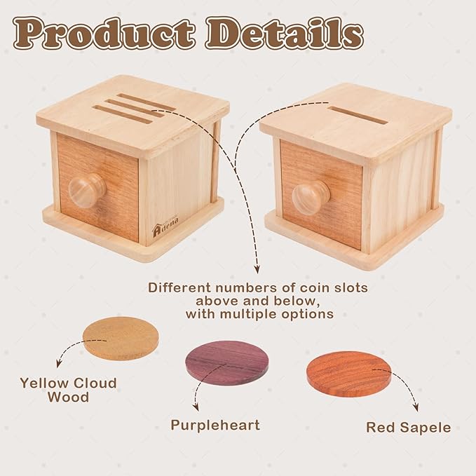 Adena Montessori Coin Box -Natural Wood Double-Sided Object Permanence Box Toy for 1-Year-Old Babies, Wooden Montessori Developmental Toy for 6-12 Month, Early Learning Gift