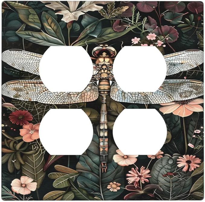Vintage Dark Green Dragonfly Flowers Floral Botanical Outlet Covers 2 Gang Double Duplex Decorative Light Switch Covers Electrical Wallplates Socket Faceplate for Farmhouse Home Decor