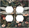 Vintage Dark Green Dragonfly Flowers Floral Botanical Outlet Covers 2 Gang Double Duplex Decorative Light Switch Covers Electrical Wallplates Socket Faceplate for Farmhouse Home Decor