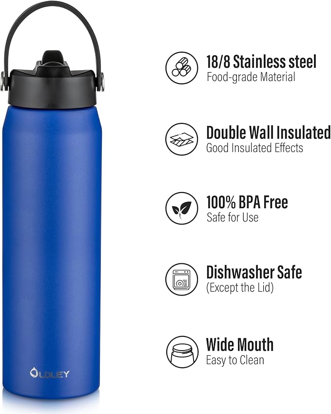 Oldley 32oz Insulated Water Bottle with Straw, Stainless Steel Water Bottle for Sports, Travel, School, BPA-Free Sports Bottles for Adult Kids, Leak-Proof, Klein Blue