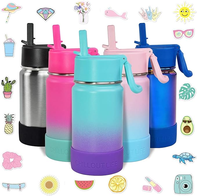 CHILLOUT LIFE 12 oz Kids Insulated Water Bottle for School with Straw Lid Leakproof and Cute Waterproof Stickers, Personalized Stainless Steel Thermos Flask Metal Water Bottle for Girls & Boys