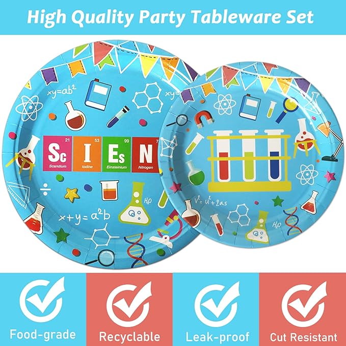 96 Pcs Science Party Plates Napkins Tableware Set Mad scientist Supplies Disposable Dinnerware Little Scientist Decoration Favors for Kids, 24 Guests
