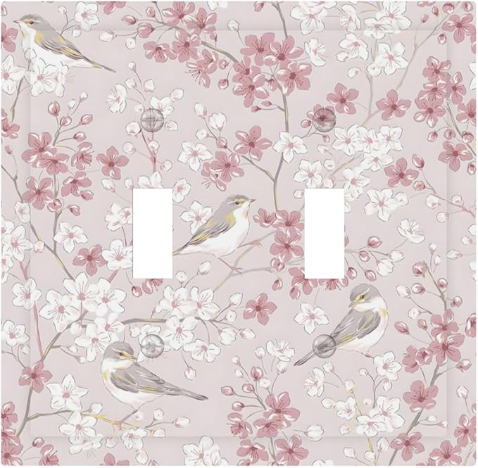 Pink Sakura Cherry Blossom Vintage Bird Floral Flower Decorative Switch Plates 2 Gang Double Toggle Outlet Light Switch Cover Wall Plate Electrical Faceplate for Bedroom Living Room Decor