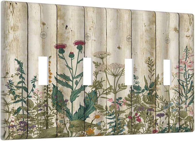 Vintage Wild Flowers Botanical Green Leaves Plants Quad Toggle Light Switch Covers Decorative Rustic Wood Plank 4 Gang Wall Plate Electrical Faceplate Switchplate for Farmhouse Bedroom Decor
