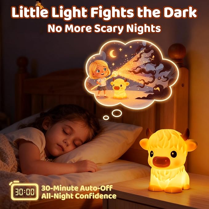 BPA-Free Silicone丨Huggwaii Highland Cow Night Light for Kids, Dimmable Squishy Night Light Touch Cow Lamp, Highland Cow Gifts for Nursery, 30 Auto-Off Timer, Cute Room Decor for Boys Girls Women