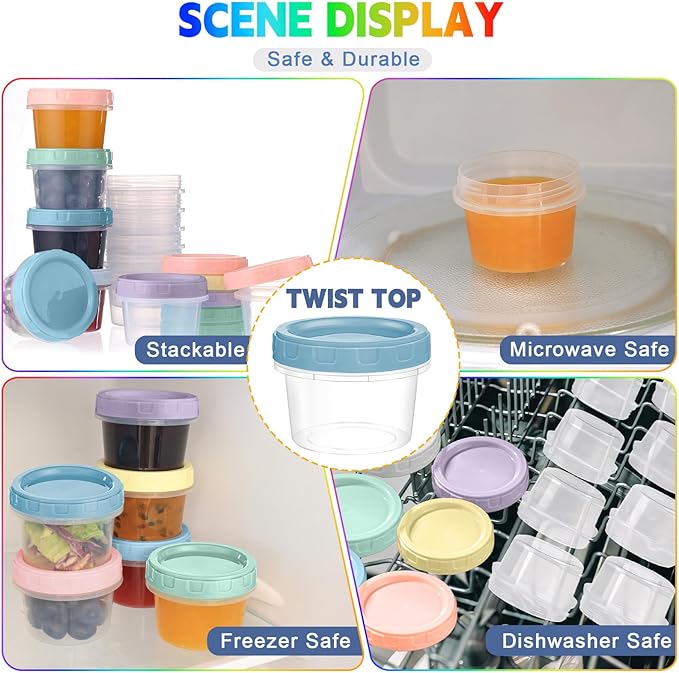 Yomarket 12pcs 4 oz Plastic Containers with Screw Lids, Reusable 1/2 Cup Small Food Storage Containers, Leakproof, Microwave Dishwasher Freezer Safe, with Pen and Brush