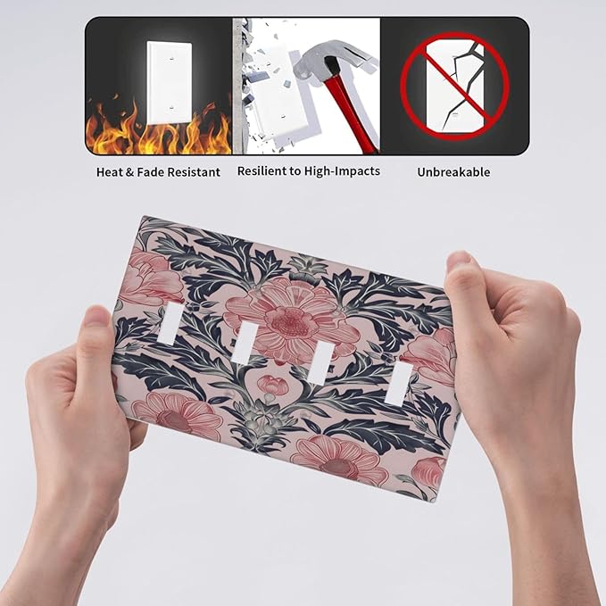 Pink Floral Vintage Botanical Boho Flower Light Switch Covers Quad Toggle Electrical Faceplate 4 Gang Wall Plate Decorative Switch Plates Cover for Farmhouse Home Decor
