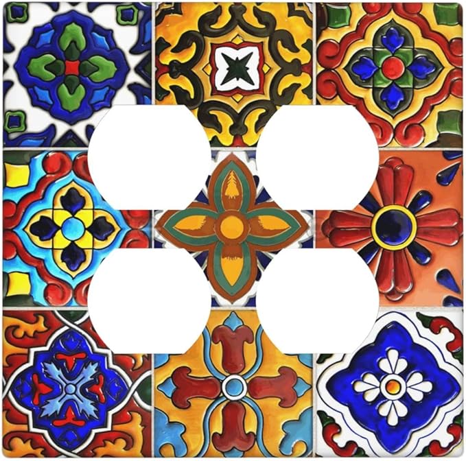 Vintage Colorful Boho Mexican Moroccan Tile Outlet Covers 2 Gang Double Duplex Decorative Light Switch Covers Electrical Wallplates Socket Faceplate for Farmhouse Home Decor