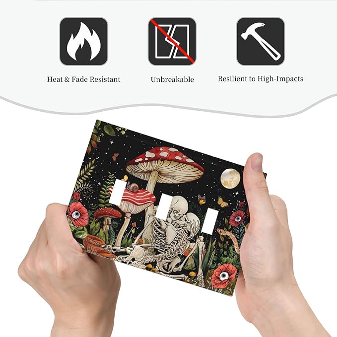 Skeleton Moon Star Plants Flora Triple Toggle Light Switch Cover Decorative 3 Gang Wall Plates Electrical Faceplate Mushroom Skull for Decor Bathroom Kitchen Bedroom