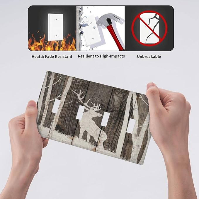 Vintage Wood Forest Deer Wildlife Animal Silhouette Light Switch Covers Quad Toggle Electrical Faceplate 4 Gang Wall Plate Decorative Switch Plates Cover for Farmhouse Home Decor