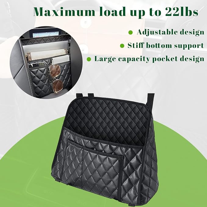 Dickno Car Purse Holder Between Seats, Leather Auto Front Seat Handbag Organizer Pocket, Universal Large Capacity Seat Bag Box Storage, Vehicle Interior Backseat Barrier for Kids Pet