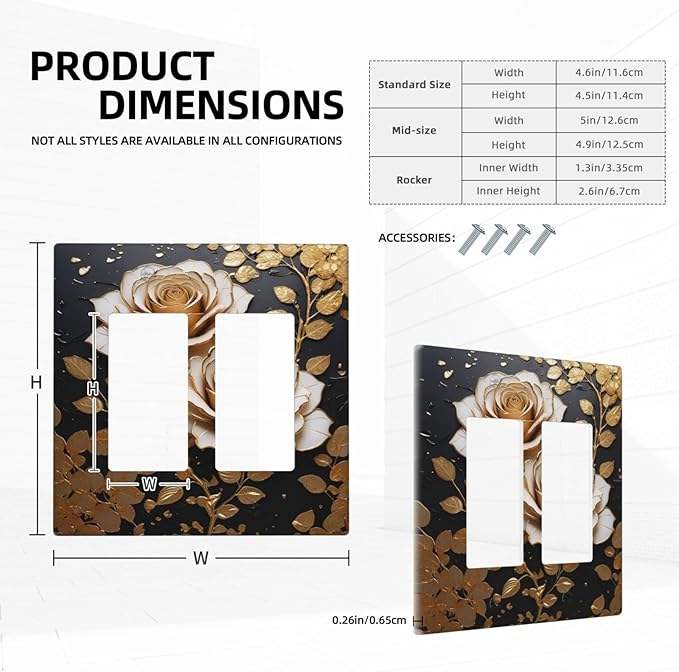 Decorative Outlet Covers Big Golden White Roses Glod Leaves Black Background 2 Gang Wall Plate Double Rocker Switch Light Switch Plate Covers Jumbo Dual Electrical GFCI Switch Cover