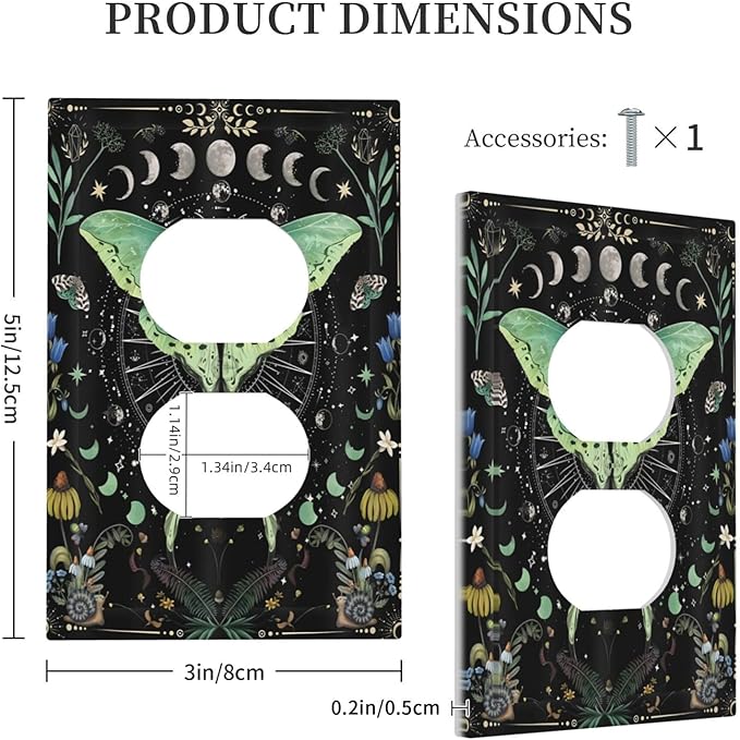 Moon Phase Butterfly Wildflower Plant Mysterious Night Moonlit Outlet Covers 1 Gang Duplex Light Switch Cover Decorative Switch Plates Electrical Receptacle Faceplate Wall Plate for Bedroom Home Decor
