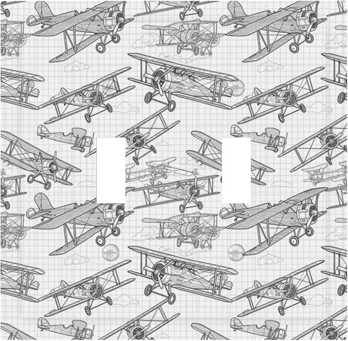 Vintage Biplane Double Toggle Switch Cover - 2-Gang Standard US Size Aviation Blueprint Grid Light Switch Covers, Retro Pilot Dream for Boys Room