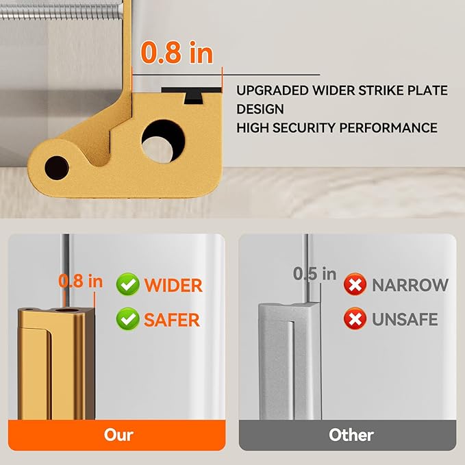 Tonitrui Home Security Door Reinforcement Lock for Front/Inward Swing Doors - Upgraded Reinforced 1200lbs Capacity, Night Kids Safety Metal Flip Deadbolt Latch(2Pack Gold)
