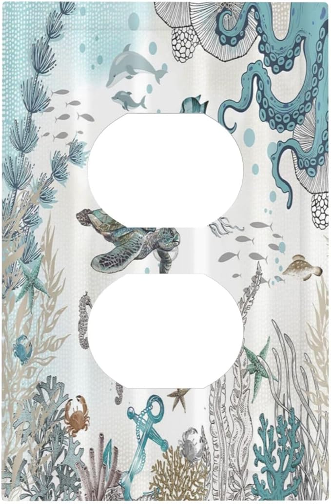 Sea Turtle Octopus Ocean Underwater Animal 1 Gang Outlet Plate Decorative Single Duplex Wall Plate Covers Unique Electrical Receptacle Light Switch Cover Faceplate Switchplate for Bathroom Decor