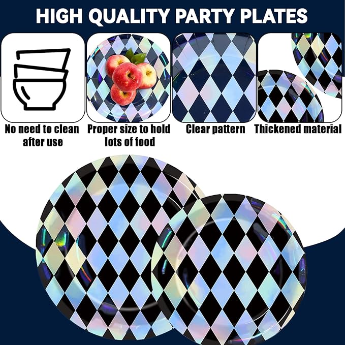 96Pcs Black and Iridescent Checkered Diamond Plates and Napkins for Iridescent Party Supplies Black Gingham Themed Paper Dessert Plates Race Car Tableware Set for 24 Guests Birthday Party Decorations