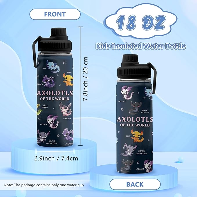 Axolotl Gifts for Girls Boys, 18 oz Stainless Steel Water Bottle with 2 Lids, Insulated Water Bottle with Straw, Axolotl Cup for Travel Sports Outdoor, Birthday Christmas Gifts (1pcs)