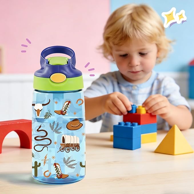 14oz Cowboy Kids Water Bottle with Straw - Western Water Bottle For School, Leakproof, Lightweight, Durable Plastic Bottles for Kids Travel, Pop-Up Straw Cover, Gift Cup for Boys Girls (Cowboy)