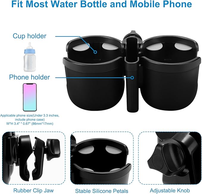 Accmor Stroller Cup Holder with Phone Holder, Bike Cup Holder, Universal Cup Holder for Uppababy Nuna Doona Strollers, 2-in-1 Cup Phone Holder for Stroller Bike Accessory
