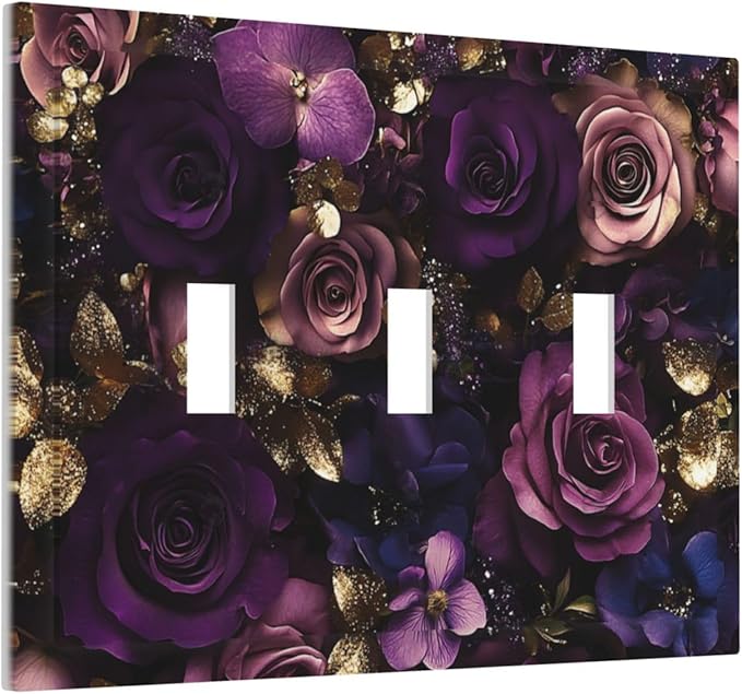 Decorative Switch Plate Cover with Luxurious Purple Roses Gold Accents Leaves Design 3 Gang Artistic Wall Plate Unique Triple Toggle Light Switch Covers for Romantic Bedroom/Living Room Decor