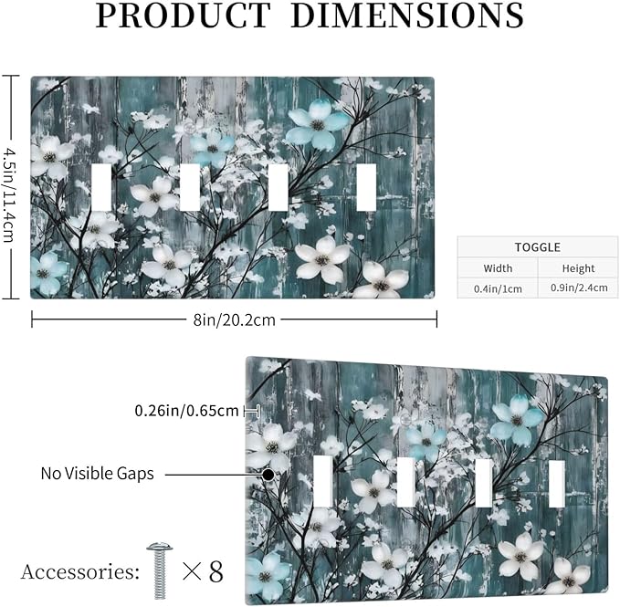 Rustic Blue Watercolor Flower Wooden Background Light Switch Covers Quad Toggle Electrical Faceplate 4 Gang Wall Plate Decorative Switch Plates for Bedroom Living Room Decor