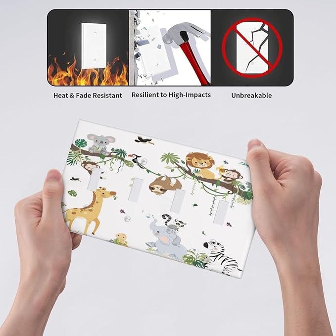 Jungle Animals Tree Branch Monkey Giraffe Lion Elephant Light Switch Covers Quad Toggle Electrical Faceplate 4 Gang Wall Plate Decorative Switch Plates Cover for Kids Room Nursery Decor