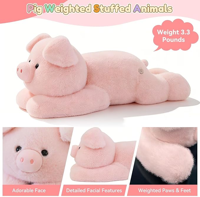 QUIRAI Weighted Stuffed Animals Pig Plush, 24" | 3.3 lb Pig Stuffed Animal, Pillowfort Weighted Plush Animals & Cute Plushies Gifts for Kids Adults
