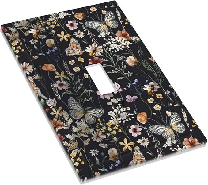 Vintage Flower Leaves Single Toggle Wall Plates Butterfly 1 Gang Light Switch Cover Cute Bees Switchplate Covers Decorative Dark Backgrounds Dimmer Decor for Bedroom Kitchen Bathroom
