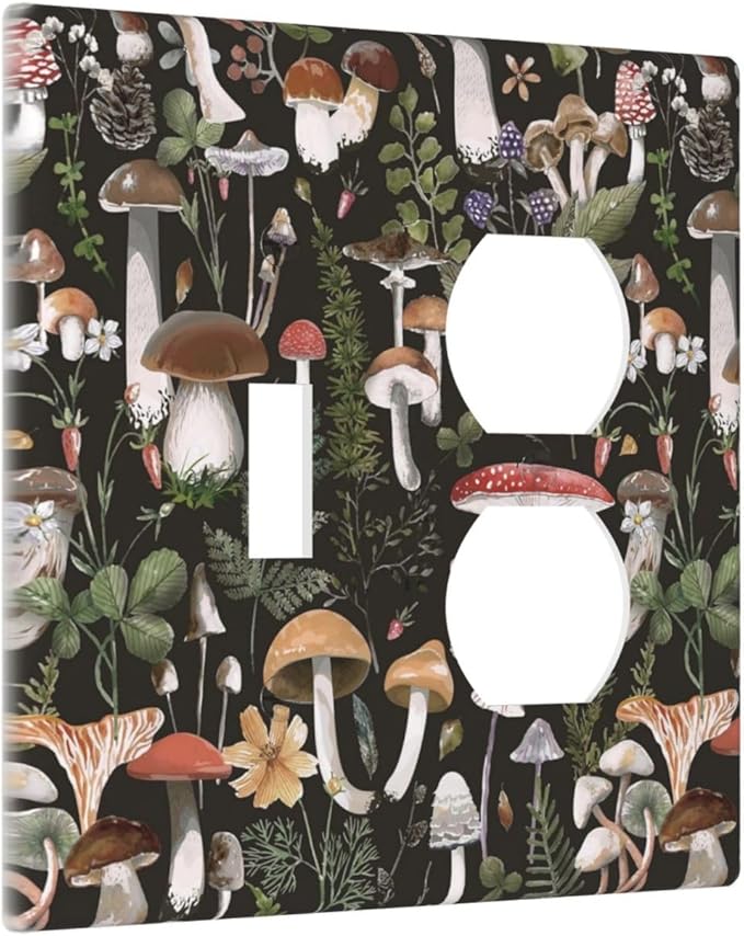 Decorative Vintage Mushroom 2-Gang 1-Toggle 1-Duplex Device Combination Wall Plate, Forest Botany Leaf Gothic Black Boho Floral One Toggle Switch/Duplex Receptacle Outlet Combo Light Switch Cover