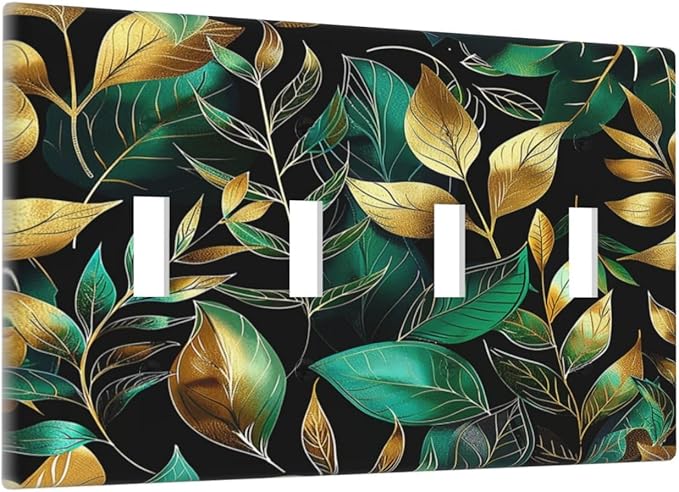 Light Switch Covers Vintage Dark Green Vine Leaf Golden Plants Quad Toggle Electrical Faceplate 4 Gang Wall Plate Decorative Switch Plates for Bed Room Cabin Decor