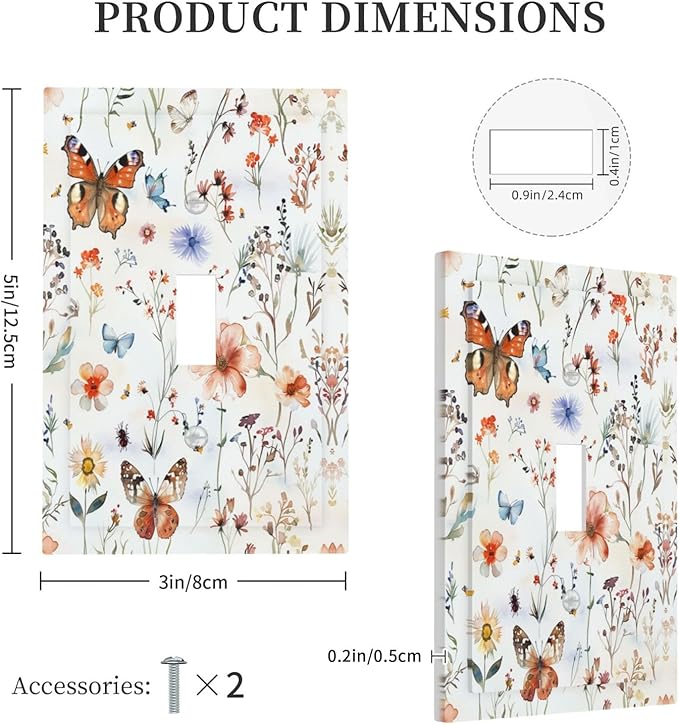 Decorative Light Switch Cover Butterfly Floral Boho Multicolor Flower Leave 1 Gang Single Toggle Device Electrical Faceplate Switchplates Decorator Outlet Wall Plate for Bed Room