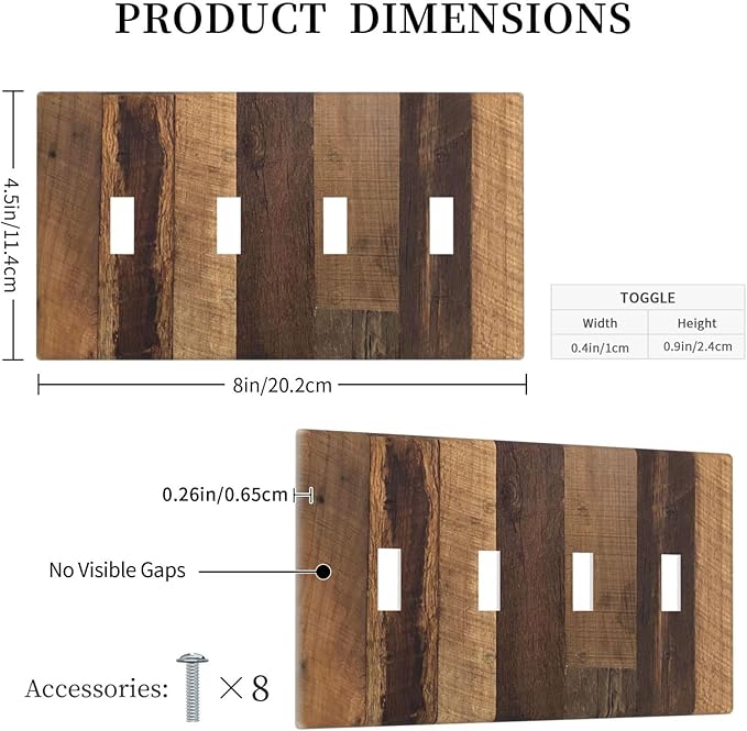 Light Switch Covers Natural Wood Brown Wooden Planks Quad Toggle Electrical Faceplate 4 Gang Wall Plate Decorative Switch Plates For Farmhouse Cabin Decor