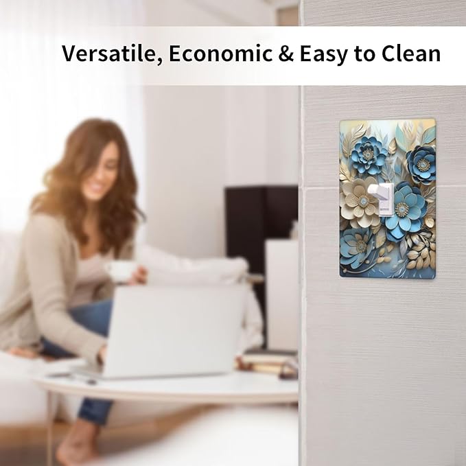 Decorative Art Light Switch Covers Blue and Creamy Floral Single Toggle Wall Plate Decorative Switchcover Electrical Switchplate for Home Decor