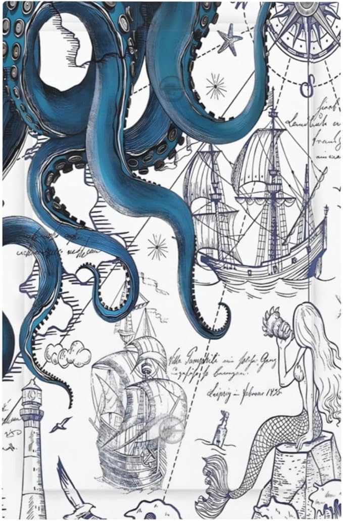 Nautical Vintage Map Octopus Mermaid Lighthouse Boat Light Switch Cover Plate 1 Gang No Device Blank Electrical Wall Plates Faceplate Decorative Switch Plate Covers for Bathroom Kids Room Decor