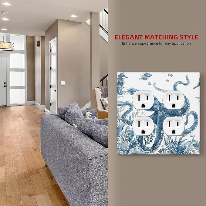 Blue Octopus Squid Seahorse Coral Watercolor Wild Sealife Outlet Covers 2 Gang Double Duplex Decorative Light Switch Covers Electrical Wallplates Socket Faceplate for Bathroom Kids Room Decor
