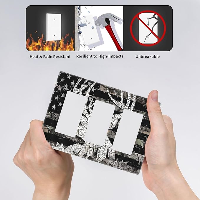 American Flag Forest Antler Deer Elk 3 Gang Triple Rocker/Decora Light Switch Wall Plate Cover Decorative Electrical Faceplate Switchplate for Bathroom Living Room Decor