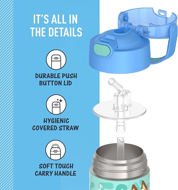 THERMOS FUNTAINER Water Bottle with Straw - 12 Ounce - Kids Stainless Steel Vacuum Insulated Water Bottle with Lid, Bluey
